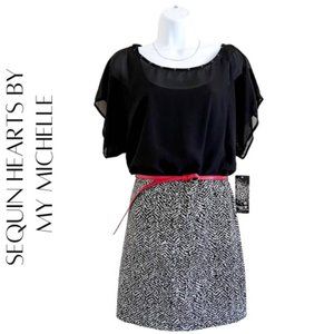 SEQUIN HEARTS BY MY MICHELLE Black & Silver Metallic Dress, L, NWT!